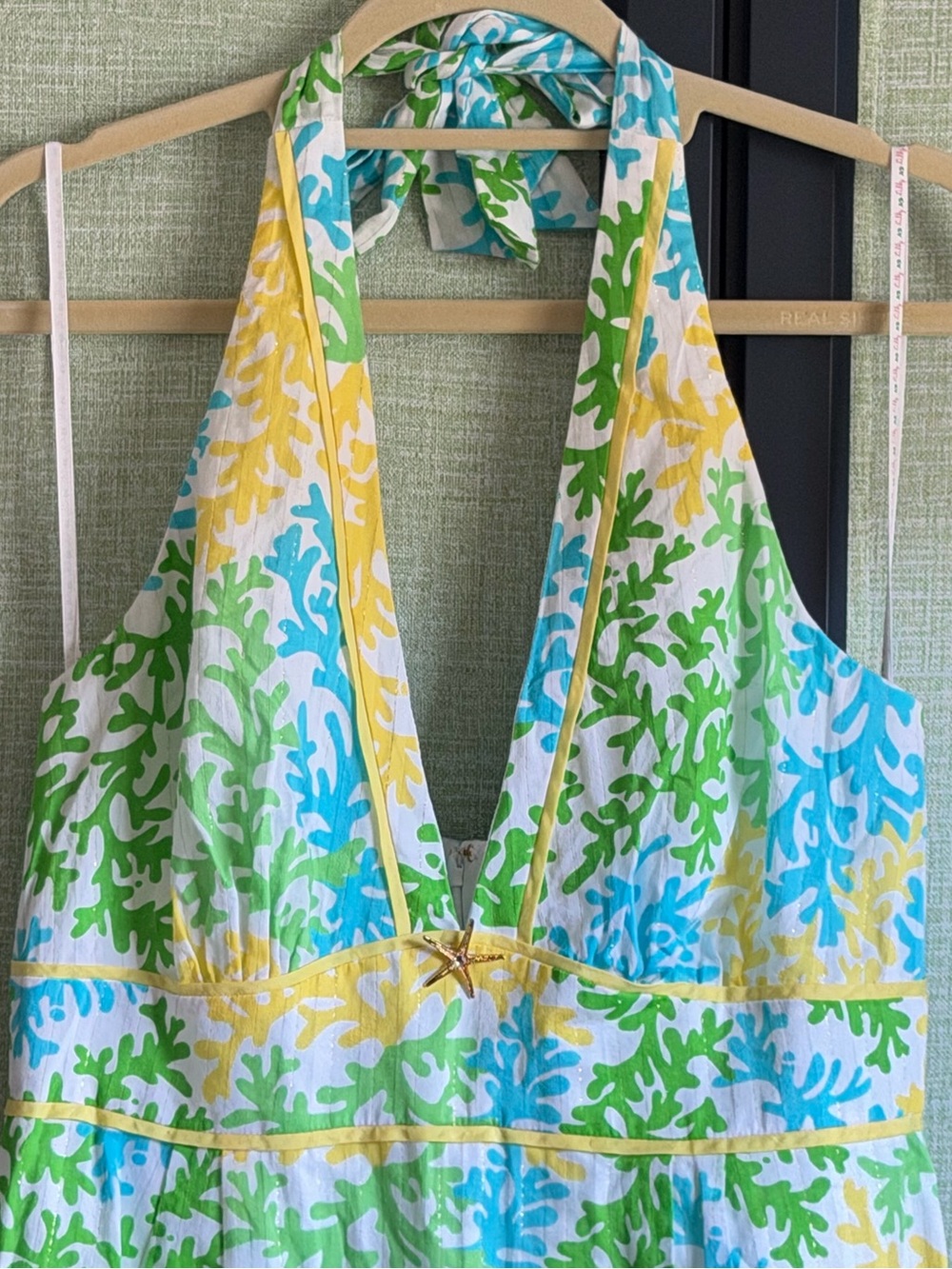 Lilly Pulitzer Blue + Green Reef Print Cotton Halter Maxi Sun Dress, Size 10 - Picture 2 of 11